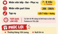 Tuyển giám sát, thu ngân, bếp, tạp vụ, phục vụ parttime, fulltime